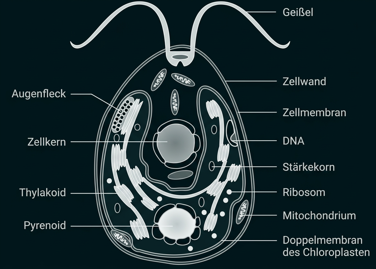 Beschriftete schematische Darstellung einer einzelligen Grünalge mit Geißeln und Zellorganellen.